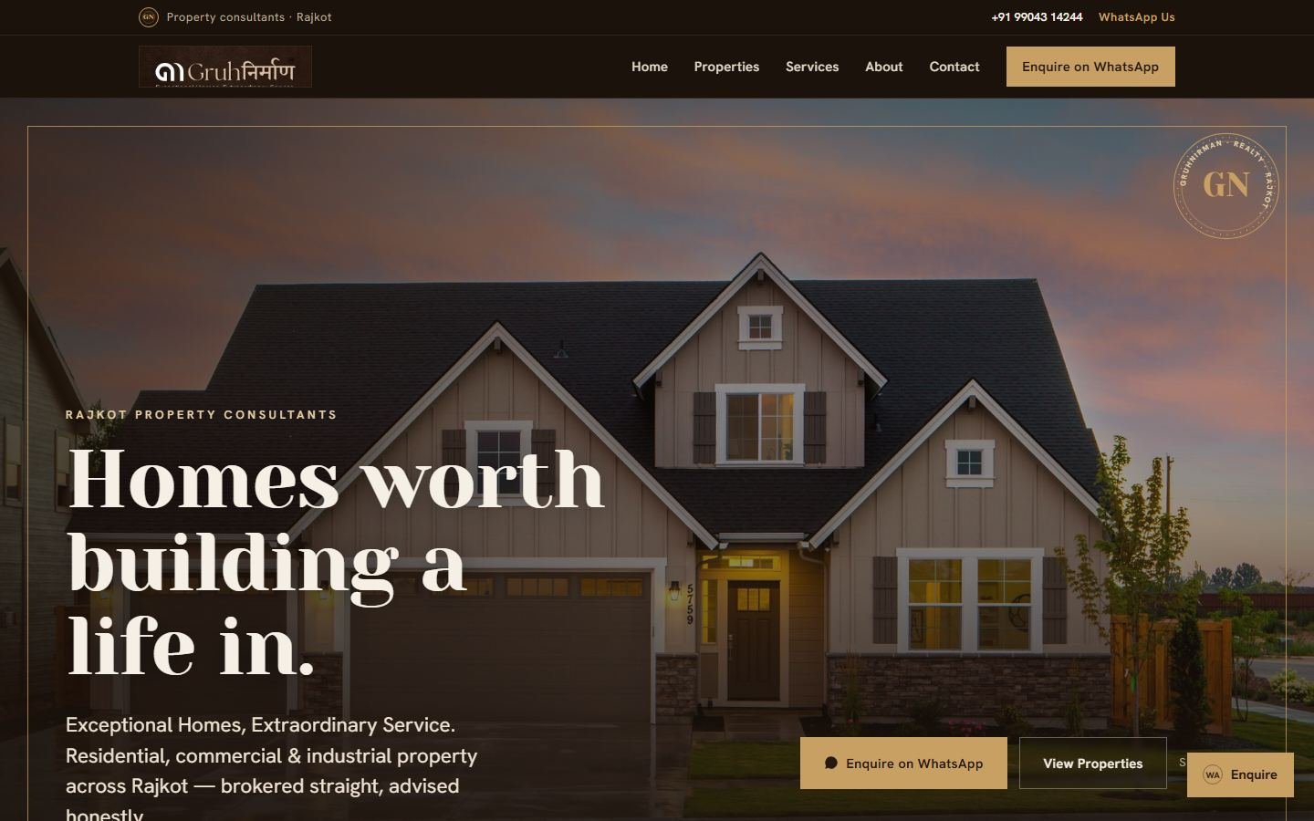 Gruhnirman Realty homepage, Real estate website in Rajkot