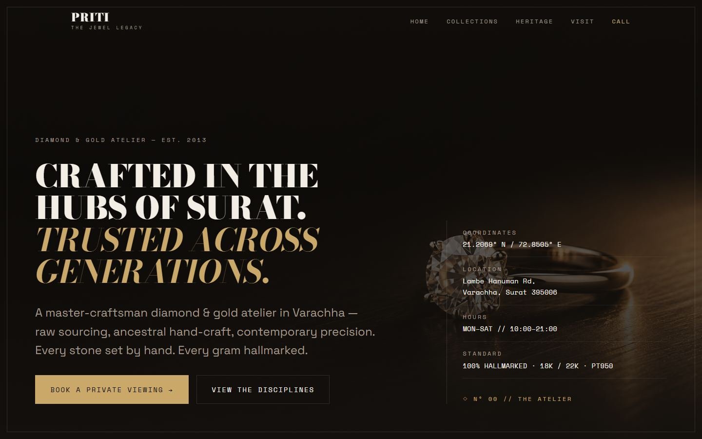 Priti The Jewel Legacy homepage, Jewellery website in Surat
